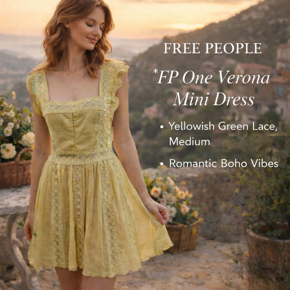 Free People FP One Verona Mini Dress SZM Lace Square Neck Romantic Yellow - Picture 2 of 10